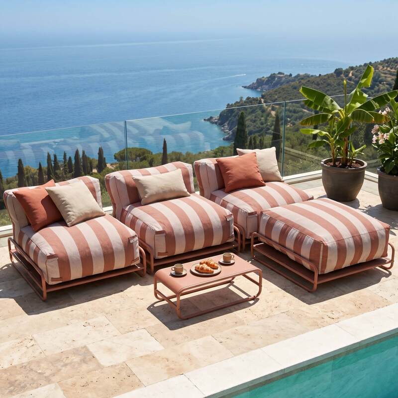 Sofá modular de exterior a rayas para 4 personas con estructura, 3 sillones, 1 puf, y mesa de centro