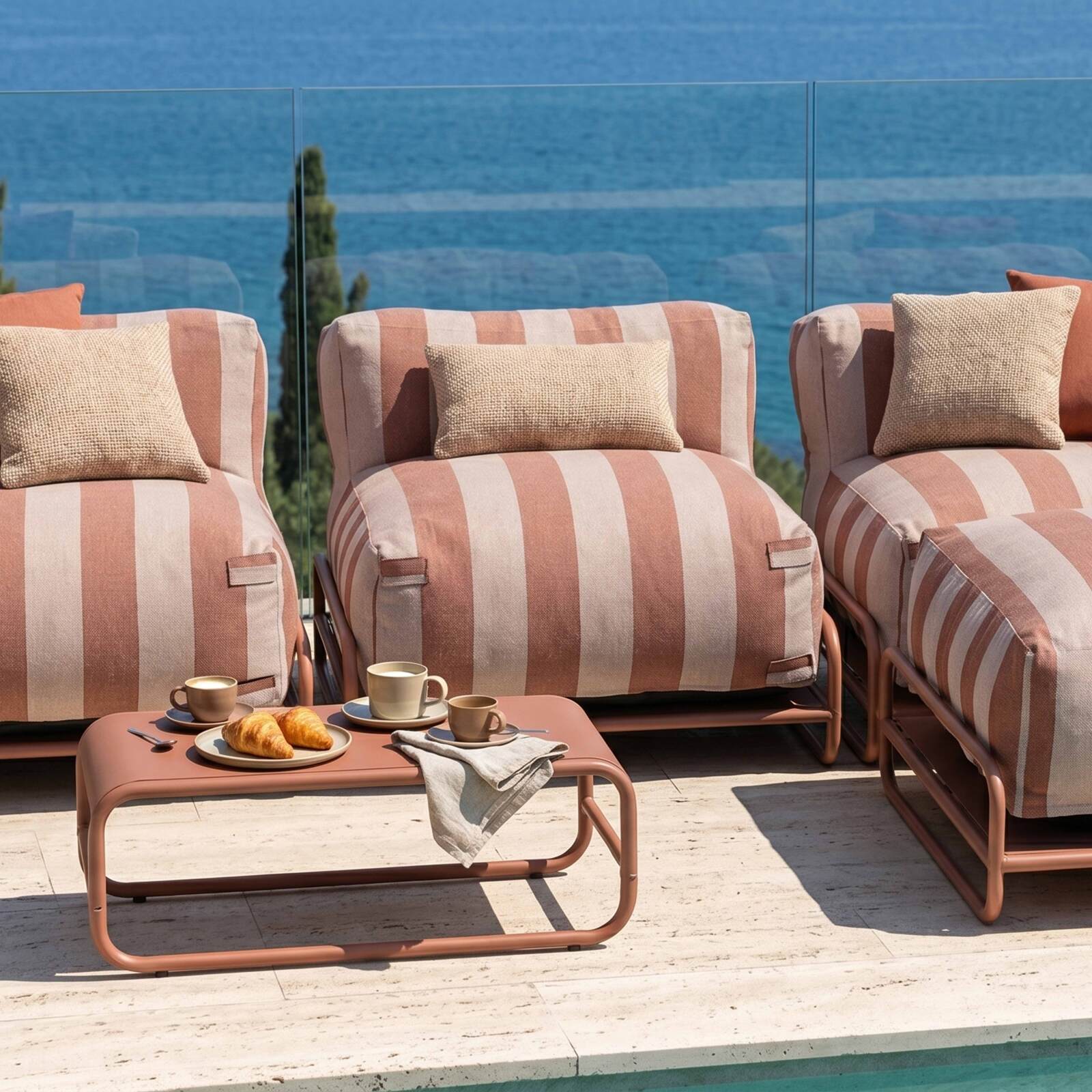 Sofá modular de exterior a rayas para 4 personas con estructura, 3 sillones, 1 puf, y mesa de centro