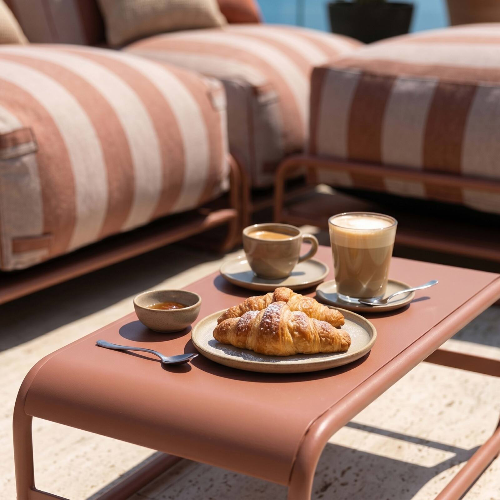 Sofá modular de exterior a rayas para 4 personas con estructura, 3 sillones, 1 puf, y mesa de centro