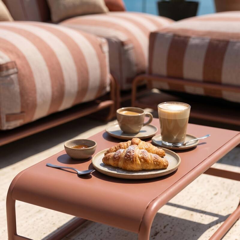 Sofá modular de exterior a rayas para 4 personas con estructura, 3 sillones, 1 puf, y mesa de centro (3/7)