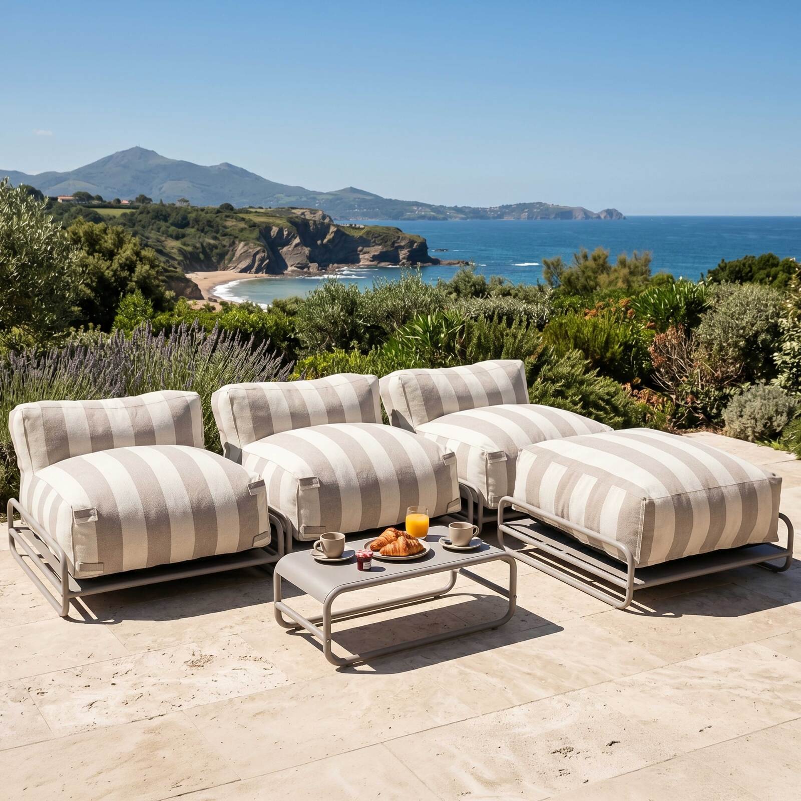 Sofá modular de exterior a rayas para 4 personas con estructura, 3 sillones, 1 puf, y mesa de centro