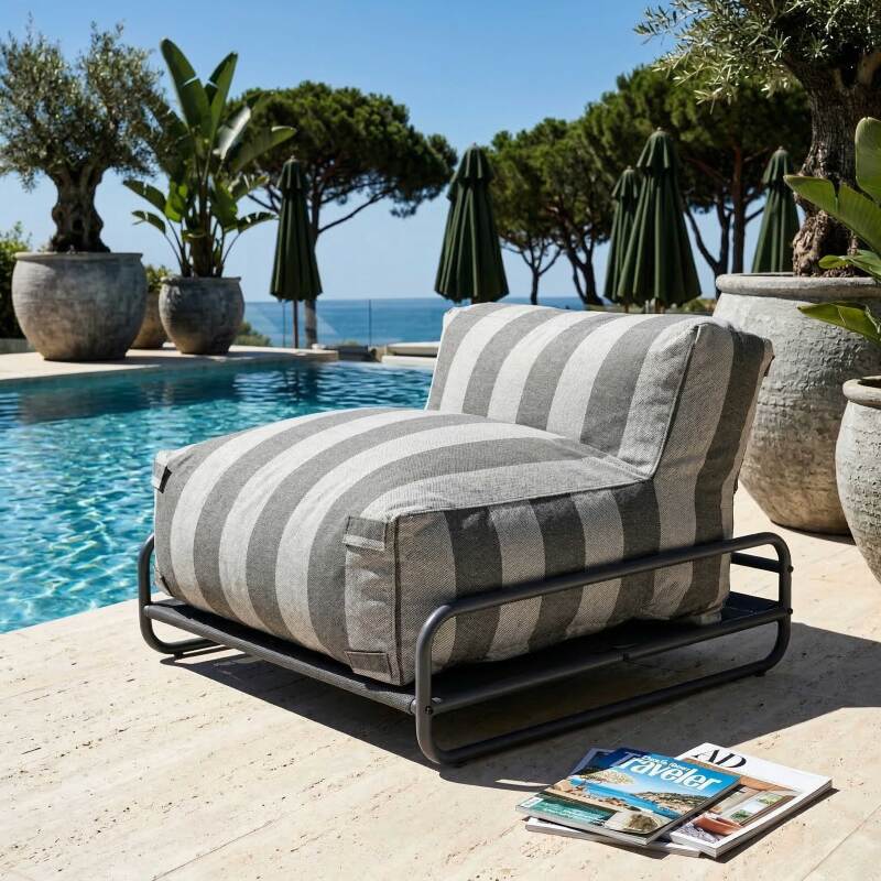 Sofá modular de exterior a rayas para 4 personas con estructura, 3 sillones, 1 puf, y mesa de centro (4/7)