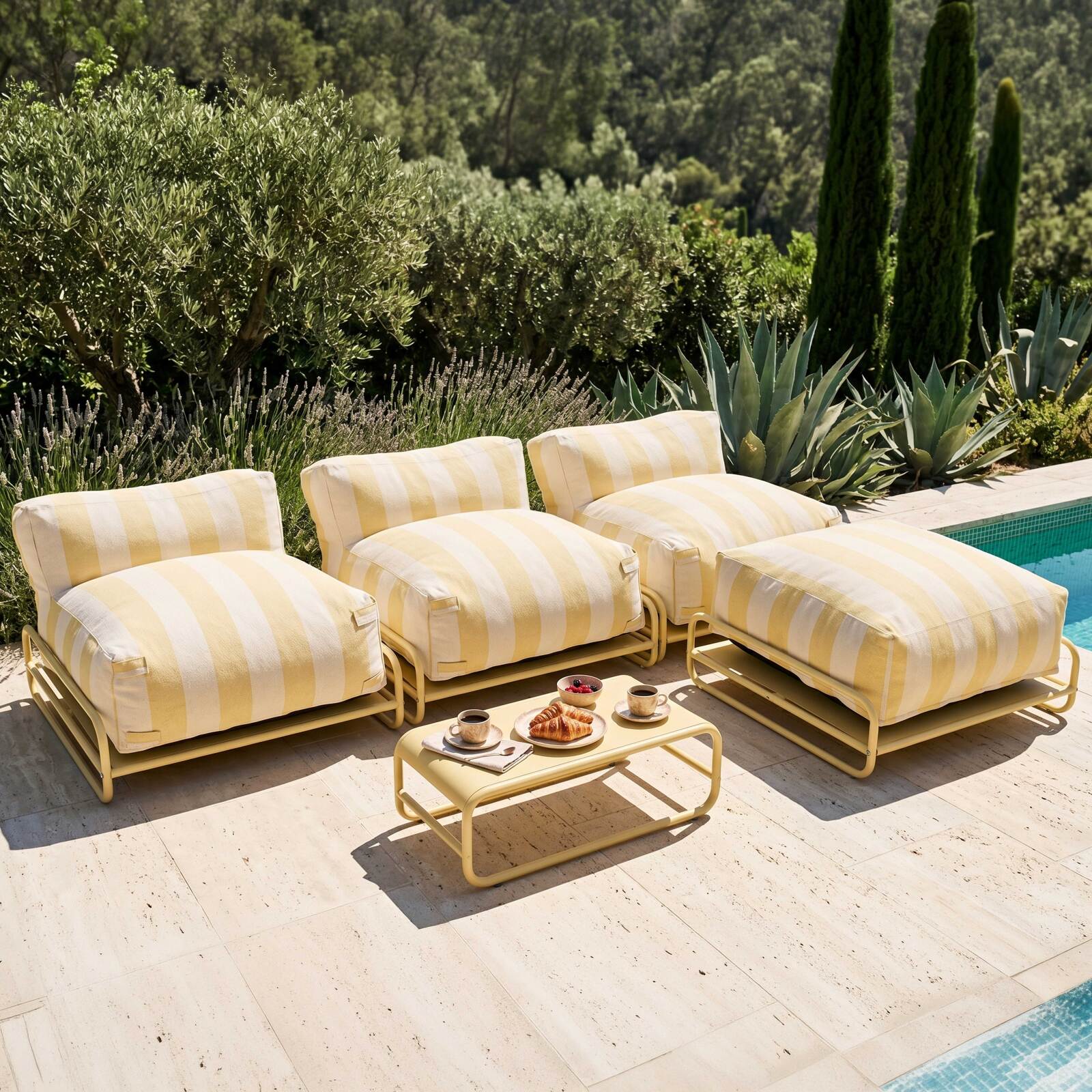 Sofá modular de exterior a rayas para 4 personas con estructura, 3 sillones, 1 puf, y mesa de centro