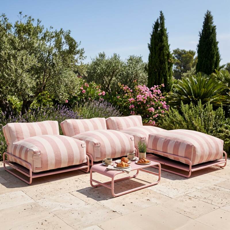 Sofá modular de exterior a rayas para 4 personas con estructura, 3 sillones, 1 puf, y mesa de centro