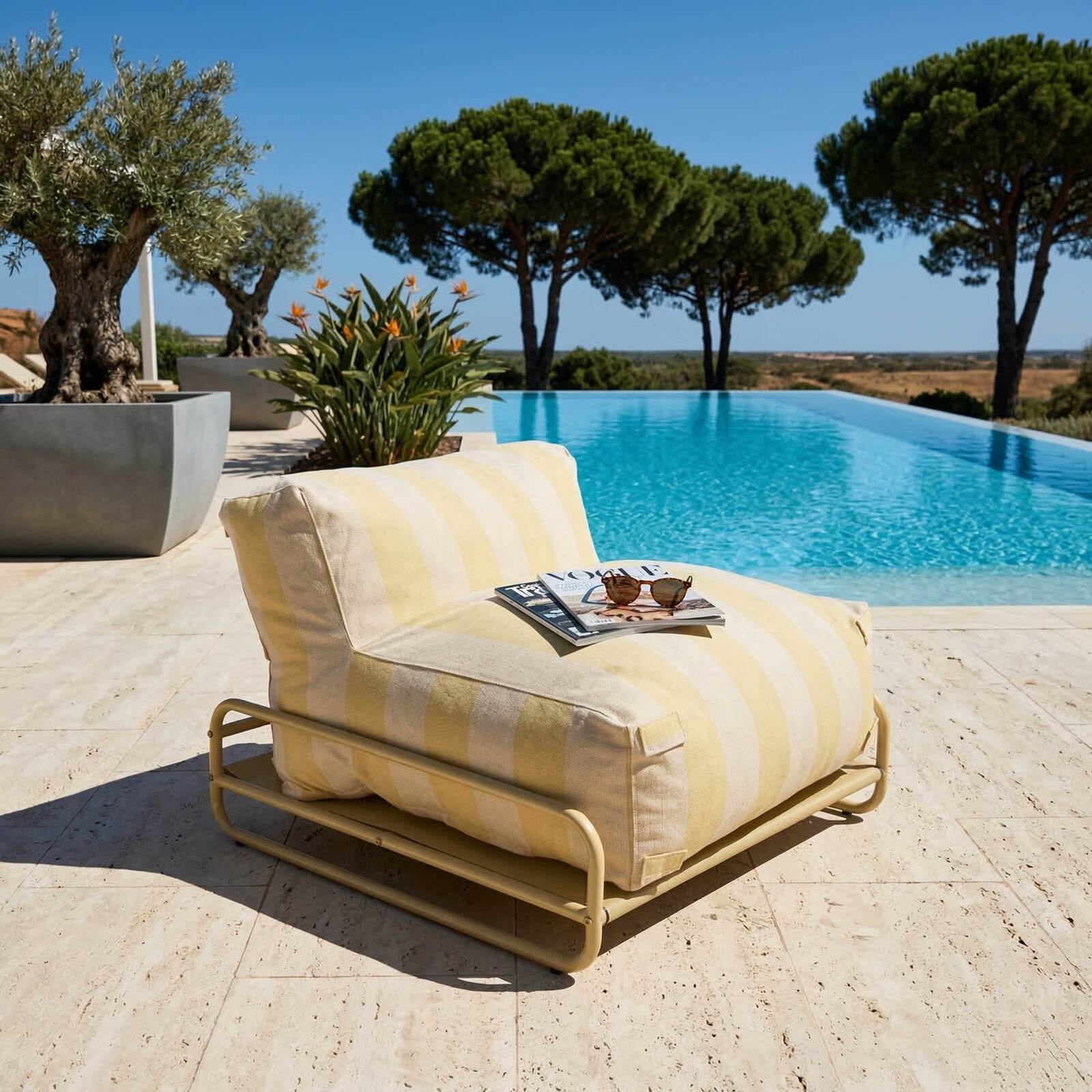 Sofá modular de exterior a rayas para 4 personas con estructura, 3 sillones, 1 puf, y mesa de centro