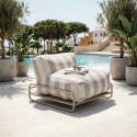 Sofá modular de exterior a rayas para 4 personas con estructura, 3 sillones, 1 puf, y mesa de centro