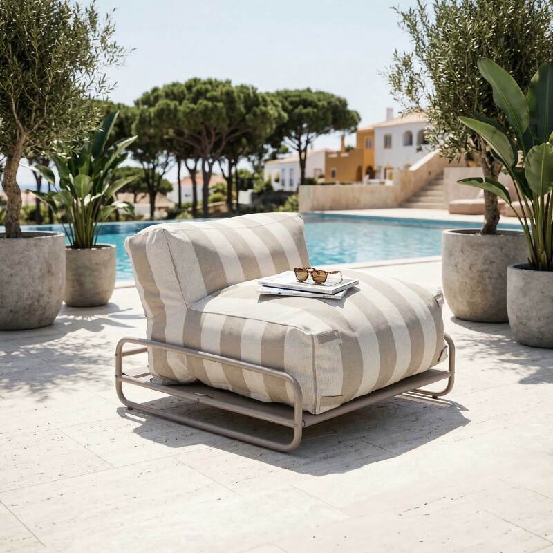 Sofá modular de exterior a rayas para 4 personas con estructura, 3 sillones, 1 puf, y mesa de centro (4/7)