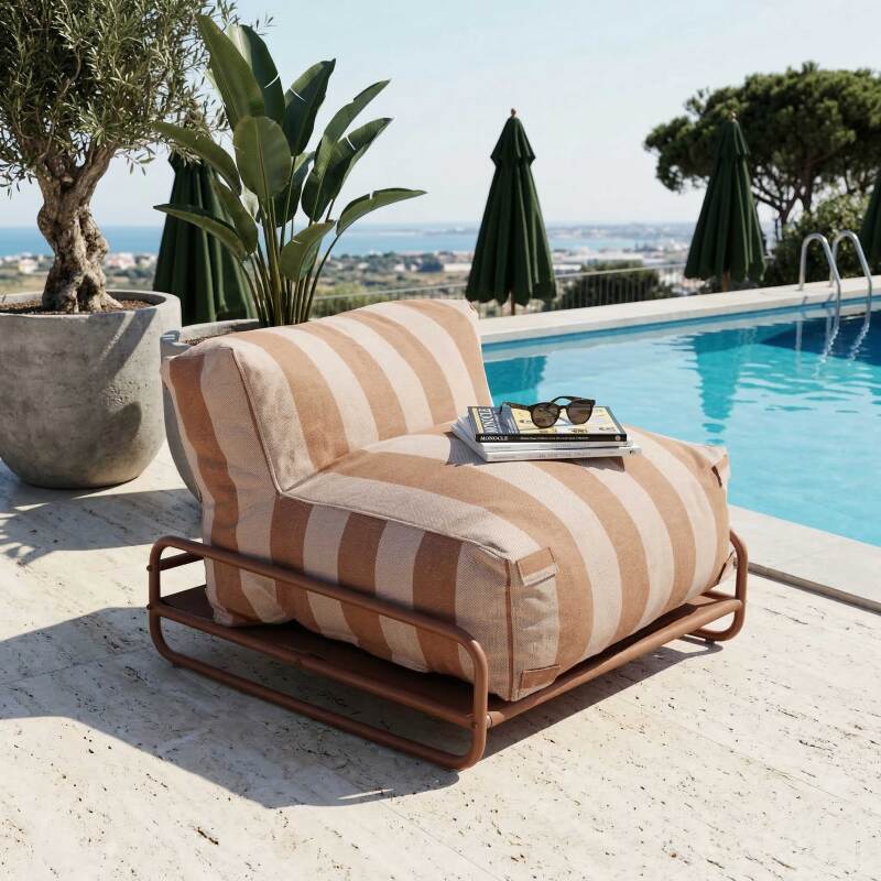Sofá modular de exterior a rayas para 4 personas con estructura, 3 sillones, 1 puf, y mesa de centro (4/7)