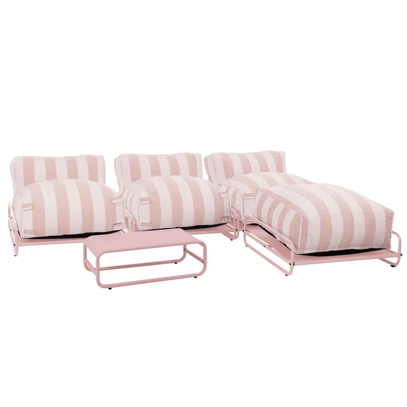 Sofá modular de exterior a rayas para 4 personas con estructura, 3 sillones, 1 puf, y mesa de centro