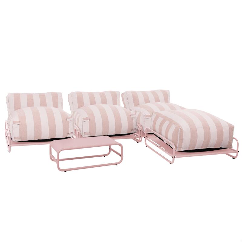 Sofá modular de exterior a rayas para 4 personas con estructura, 3 sillones, 1 puf, y mesa de centro