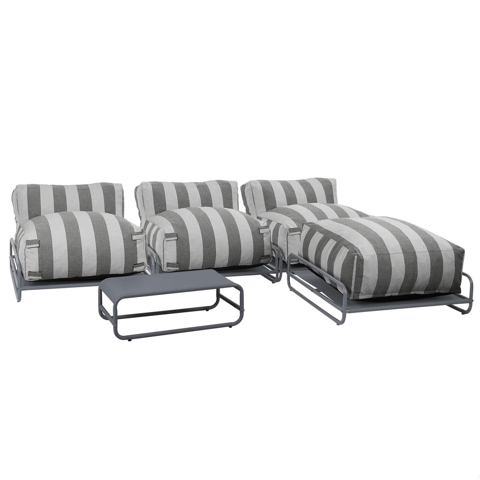 Sofá modular de exterior a rayas para 4 personas con estructura, 3 sillones, 1 puf, y mesa de centro