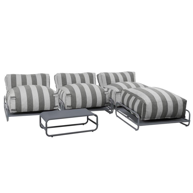 Sofá modular de exterior a rayas para 4 personas con estructura, 3 sillones, 1 puf, y mesa de centro