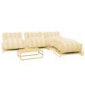 Sofá modular de exterior a rayas para 4 personas con estructura, 3 sillones, 1 puf, y mesa de centro