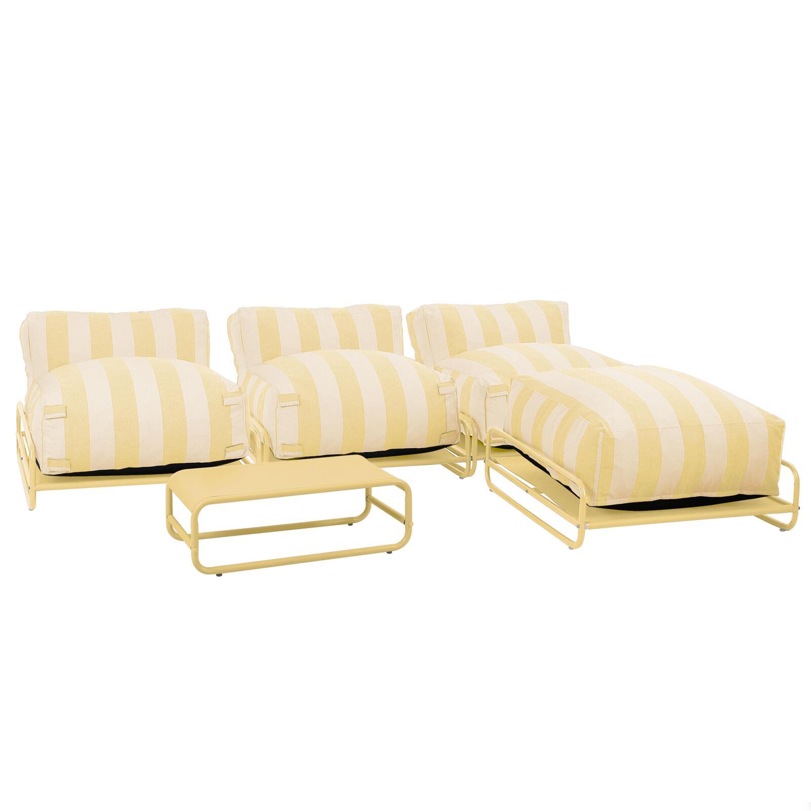 Sofá modular de exterior a rayas para 4 personas con estructura, 3 sillones, 1 puf, y mesa de centro