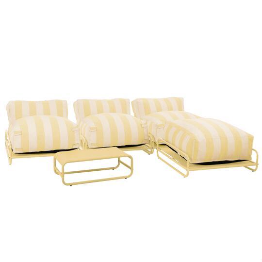 Sofá modular de exterior a rayas para 4 personas con estructura, 3 sillones, 1 puf, y mesa de centro | Oviala