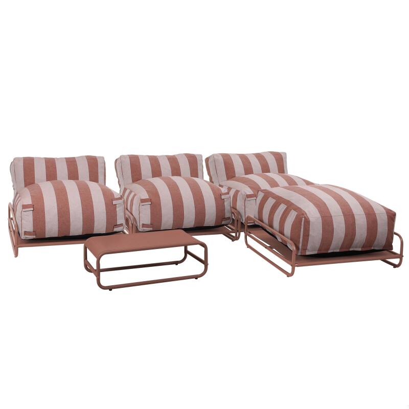 Sofá modular de exterior a rayas para 4 personas con estructura, 3 sillones, 1 puf, y mesa de centro