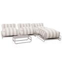 Sofá modular de exterior a rayas para 4 personas con estructura, 3 sillones, 1 puf, y mesa de centro