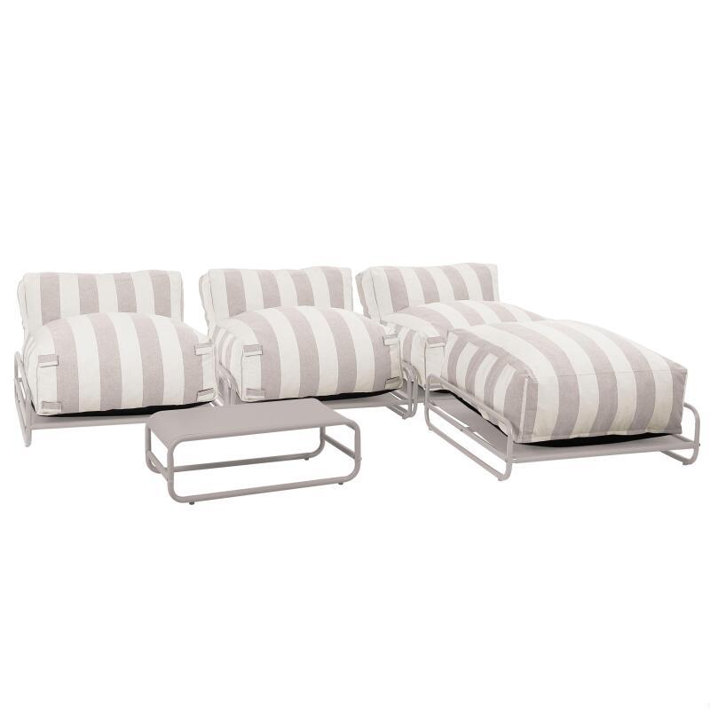 Sofá modular de exterior a rayas para 4 personas con estructura, 3 sillones, 1 puf, y mesa de centro