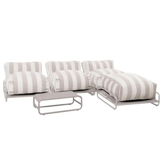 Sofá modular de exterior a rayas para 4 personas con estructura, 3 sillones, 1 puf, y mesa de centro | Oviala