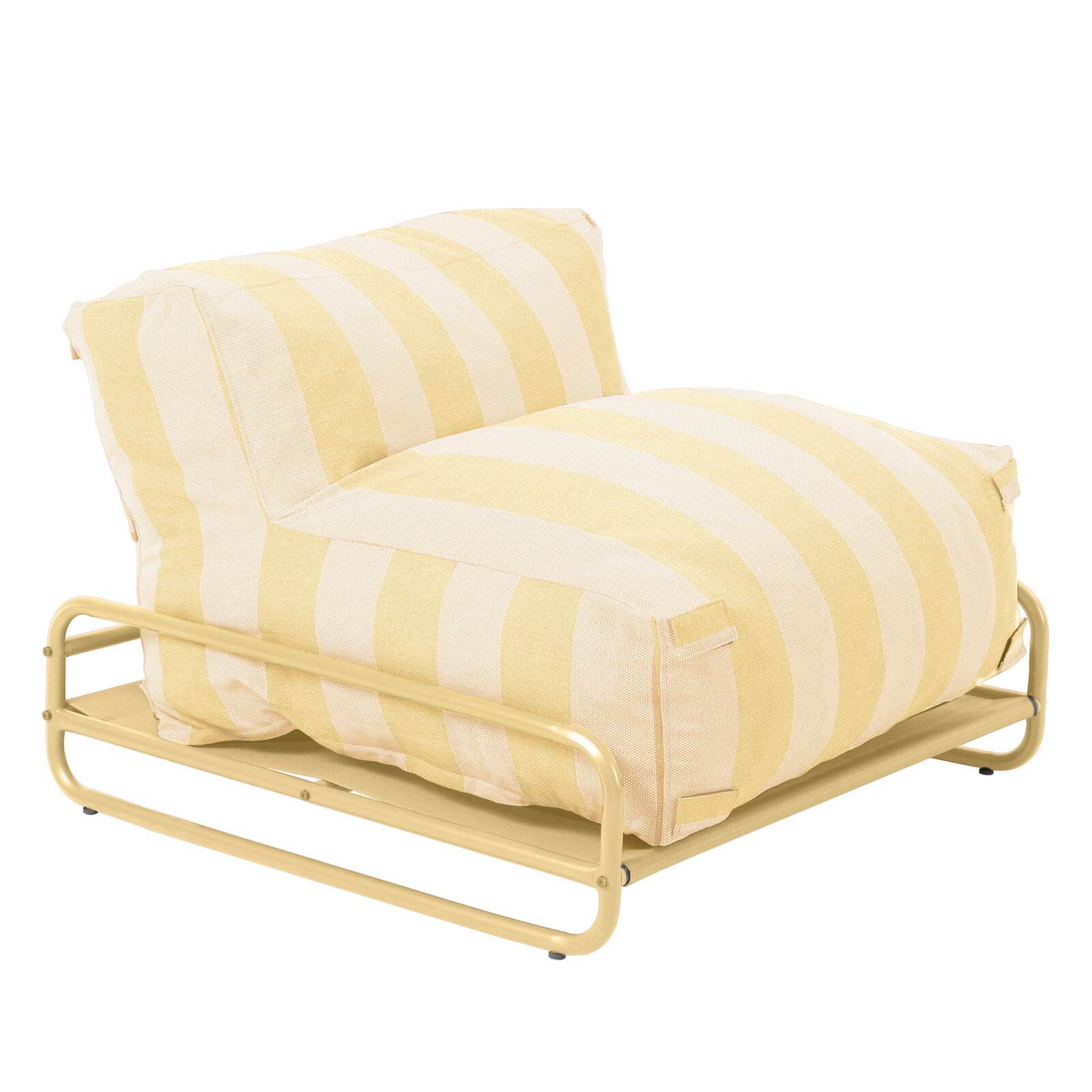 Sofá modular de exterior a rayas para 4 personas con estructura, 3 sillones, 1 puf, y mesa de centro