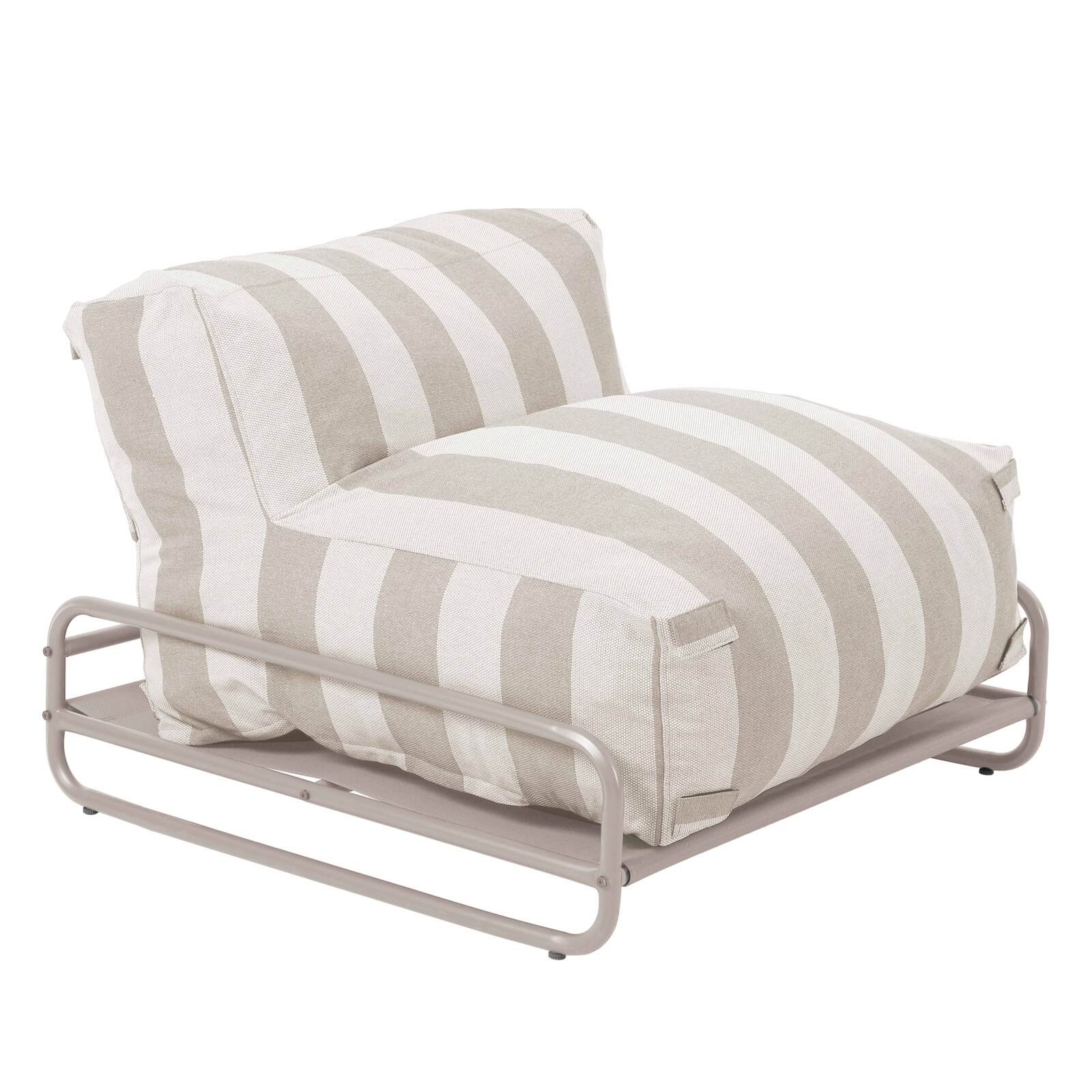 Sofá modular de exterior a rayas para 4 personas con estructura, 3 sillones, 1 puf, y mesa de centro