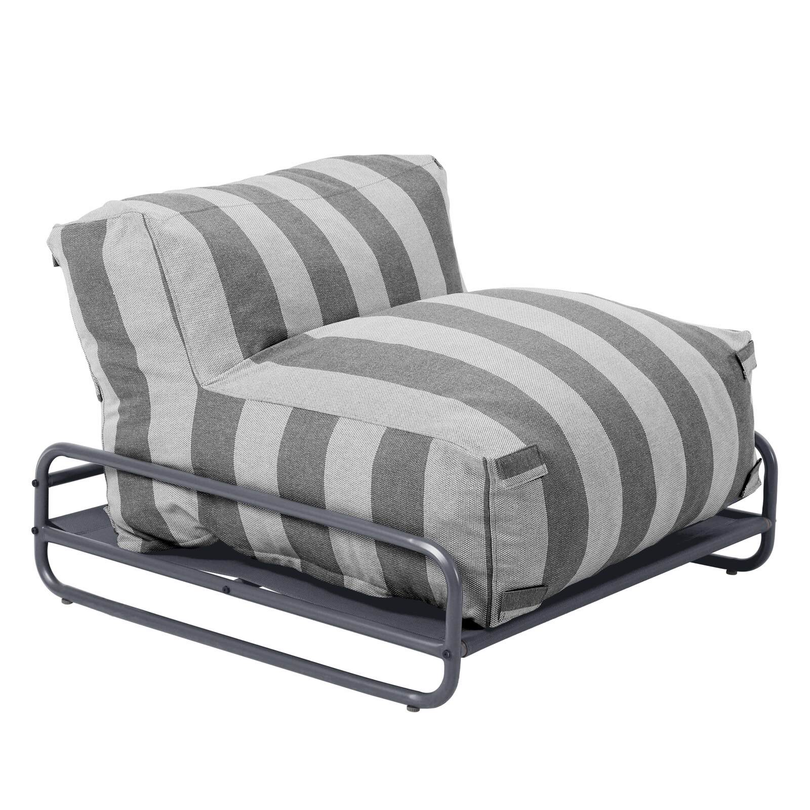 Sofá modular de exterior a rayas para 4 personas con estructura, 3 sillones, 1 puf, y mesa de centro