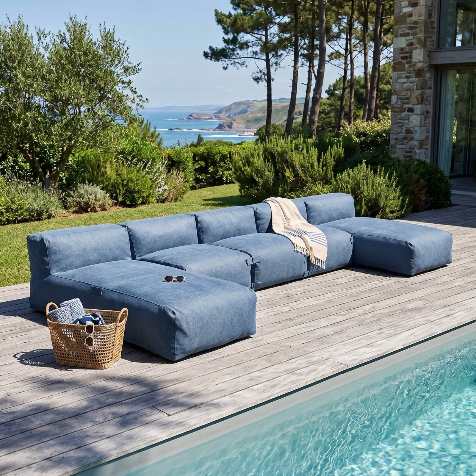 Sofá modular de exterior para 5 personas con 3 sillones y 2 chaise longue