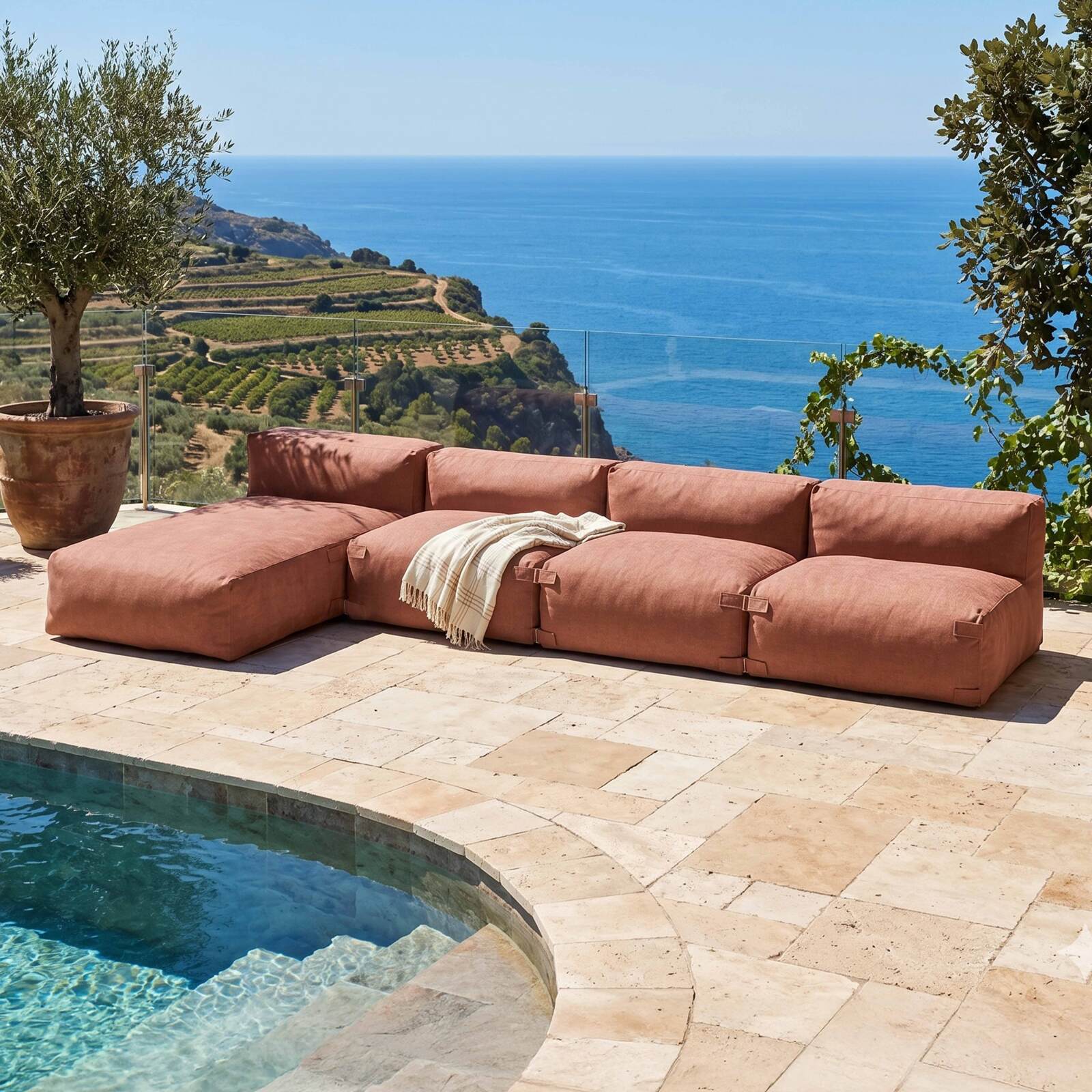 Sofá modular de exterior para 4 personas con 3 sillones y 1 chaise longue