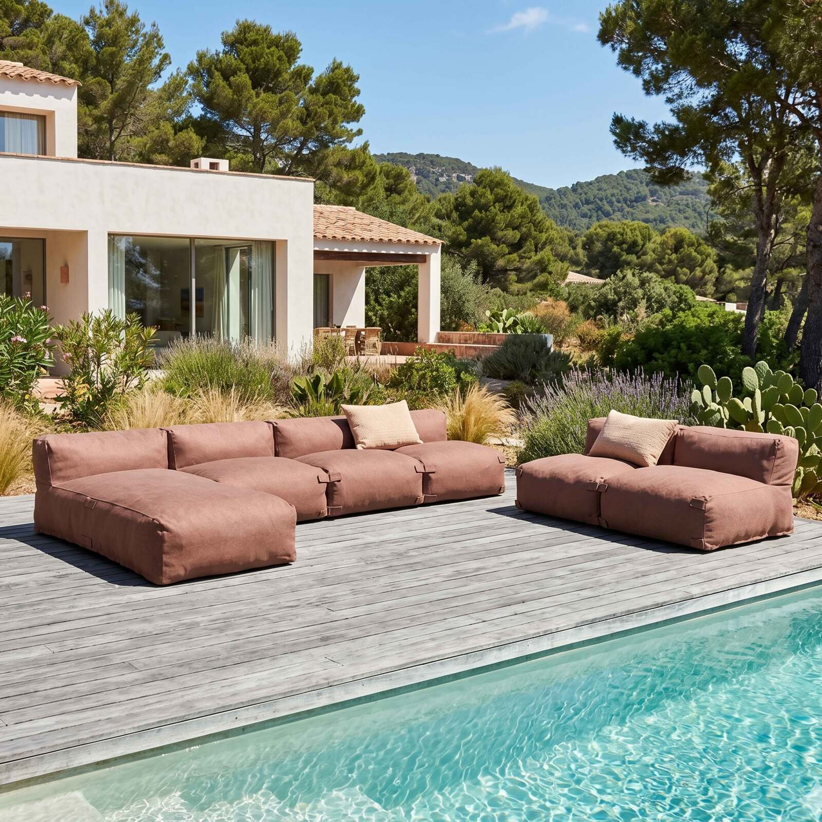 Sofá modular de exterior para 6 personas con 5 sillones y 1 chaise longue