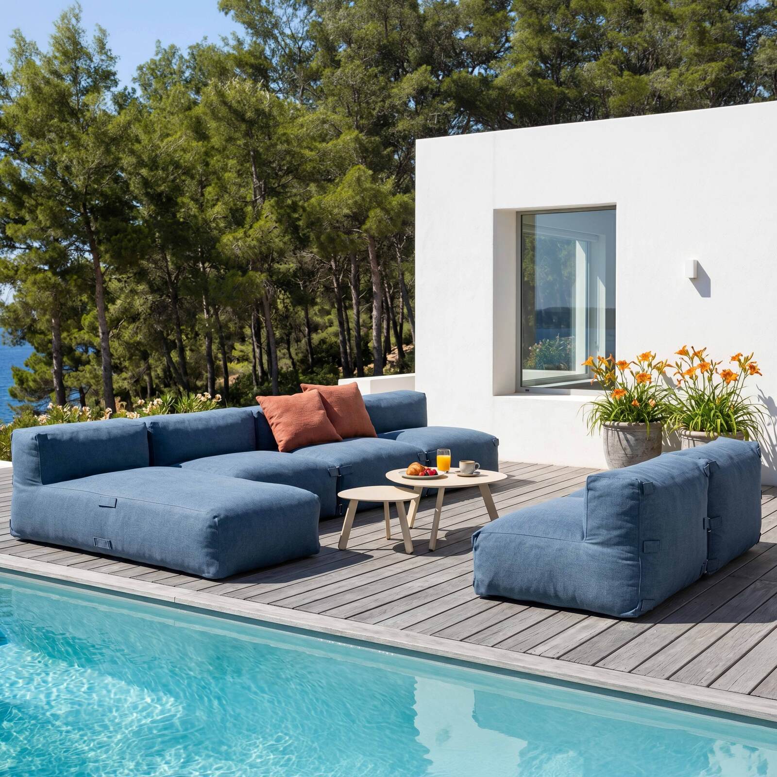 Sofá modular de exterior para 6 personas con 5 sillones y 1 chaise longue