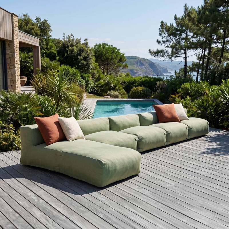 Sofá modular de exterior para 5 personas con 4 sillones y 1 chaise longue