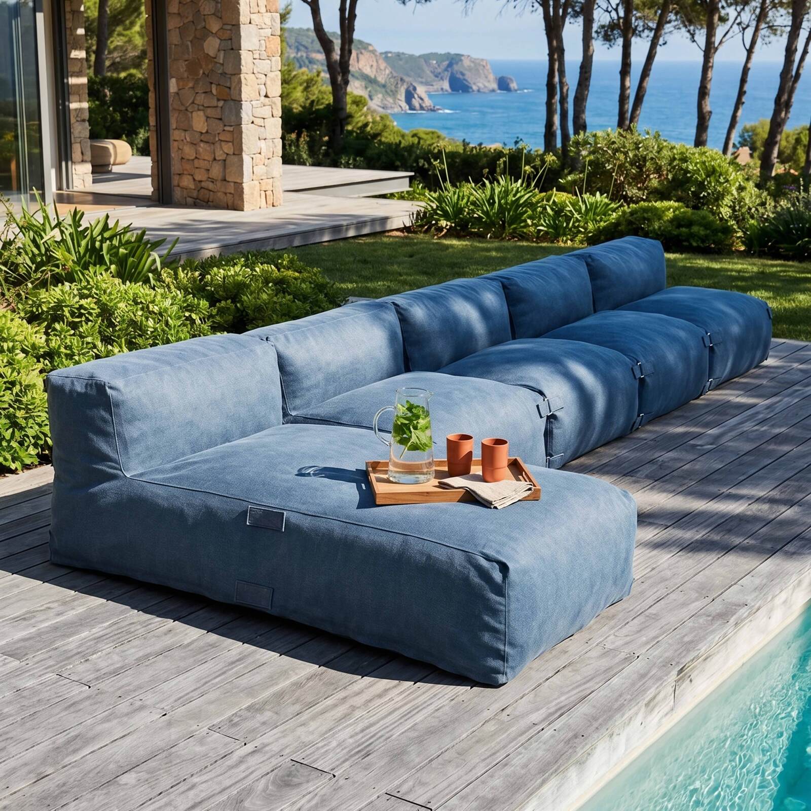 Sofá modular de exterior para 5 personas con 4 sillones y 1 chaise longue