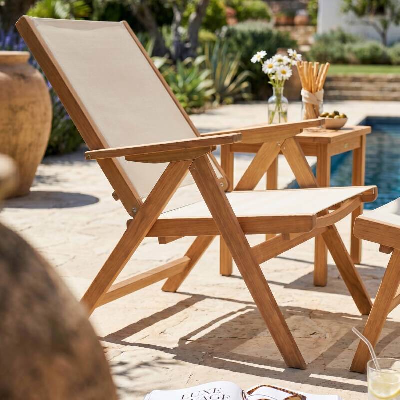 Sillón relax de jardín de madera de eucalipto con reposapiés (3/9)