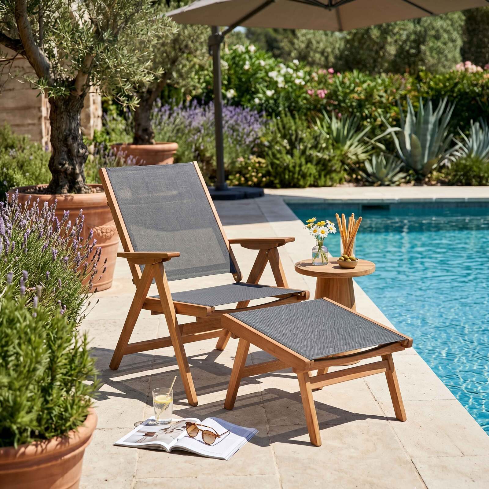 Sillón relax de jardín de madera de eucalipto con reposapiés
