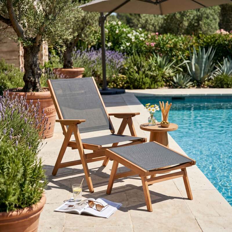 Sillón relax de jardín de madera de eucalipto con reposapiés