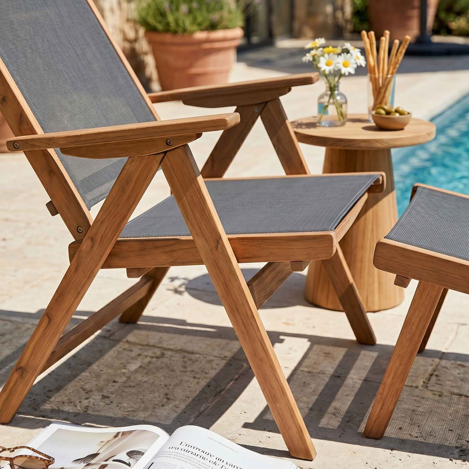 Sillón relax de jardín de madera de eucalipto con reposapiés