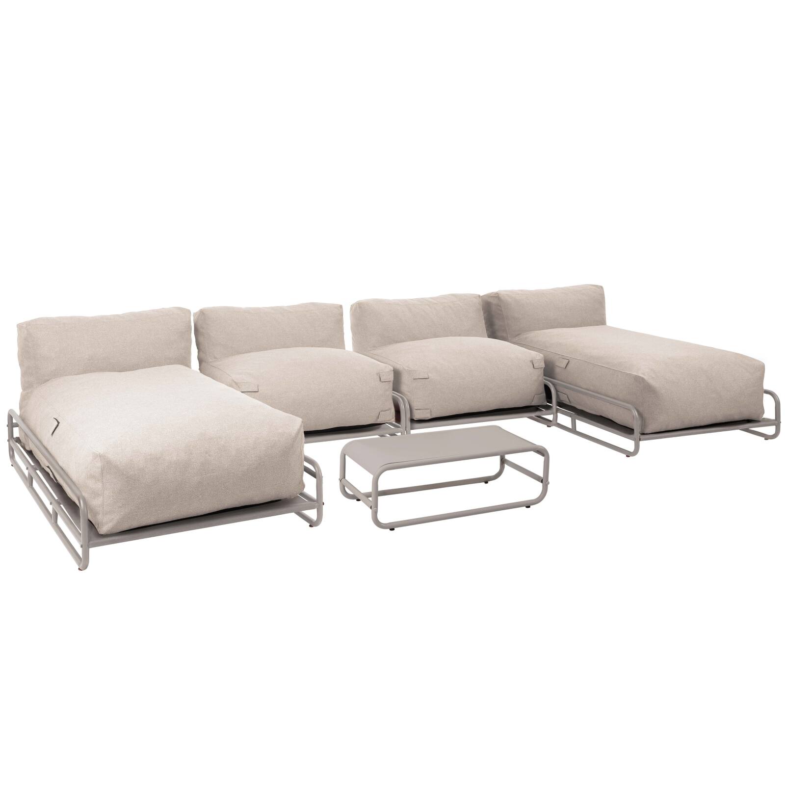 Sofá modular de exterior para 4 personas con estructura, 2 chaise longue, 2 sillones y mesa de centro