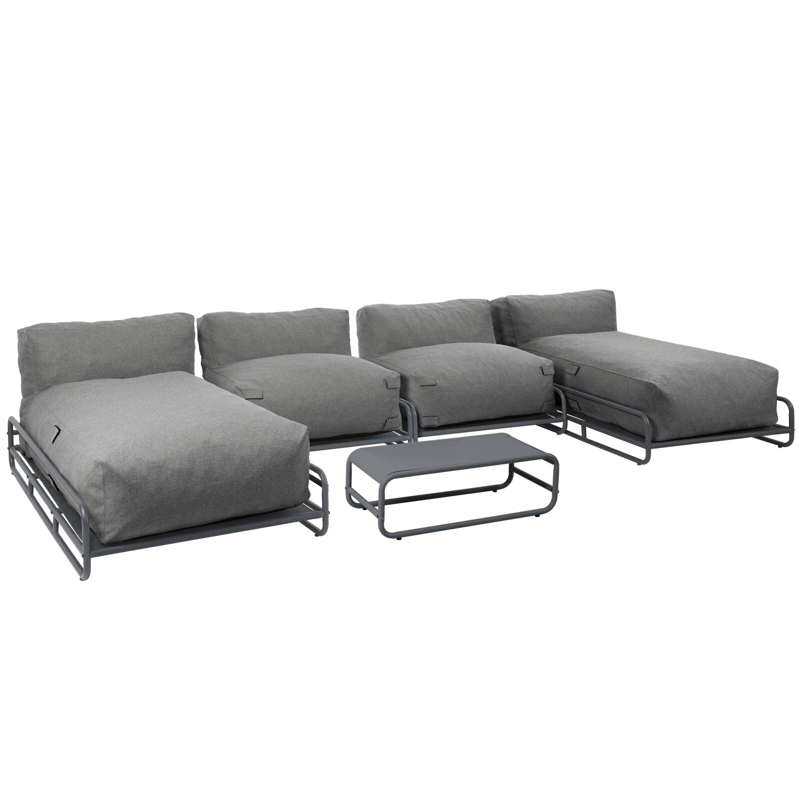 Sofá modular de exterior para 4 personas con estructura, 2 chaise longue, 2 sillones y mesa de centro