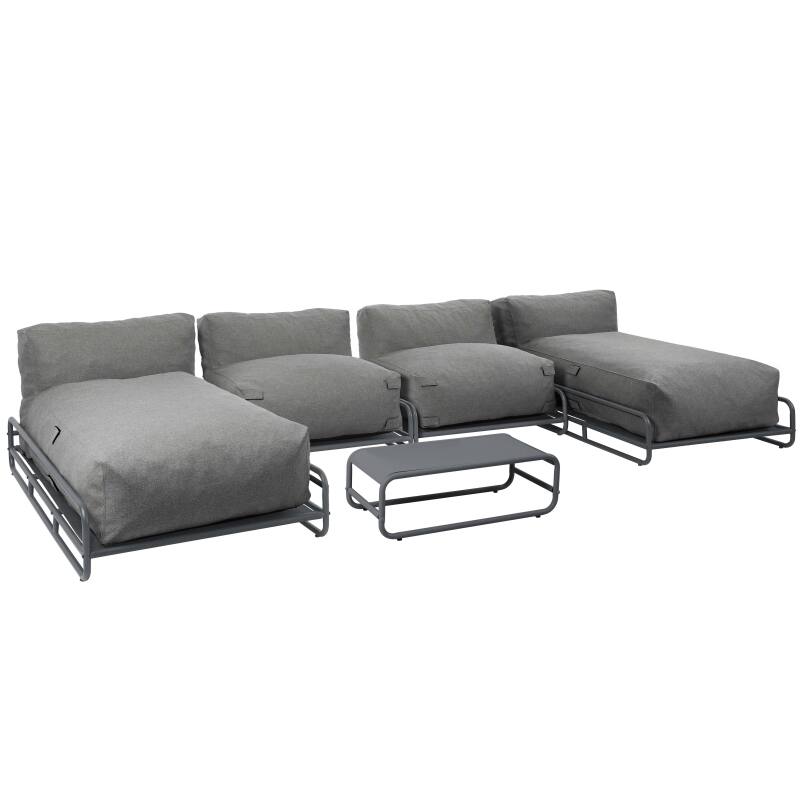 Sofá modular de exterior para 4 personas con estructura, 2 chaise longue, 2 sillones y mesa de centro
