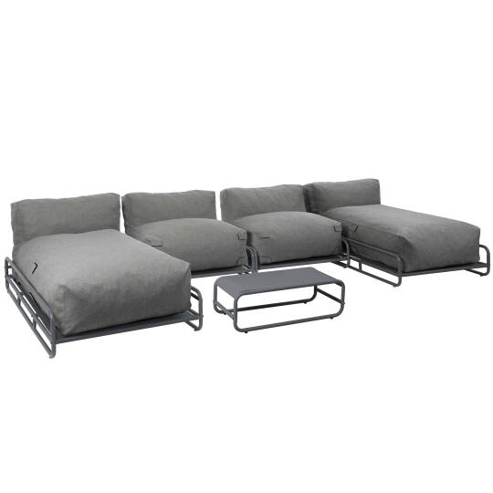 Sofá modular de exterior para 4 personas con estructura, 2 chaise longue, 2 sillones y mesa de centro | Oviala
