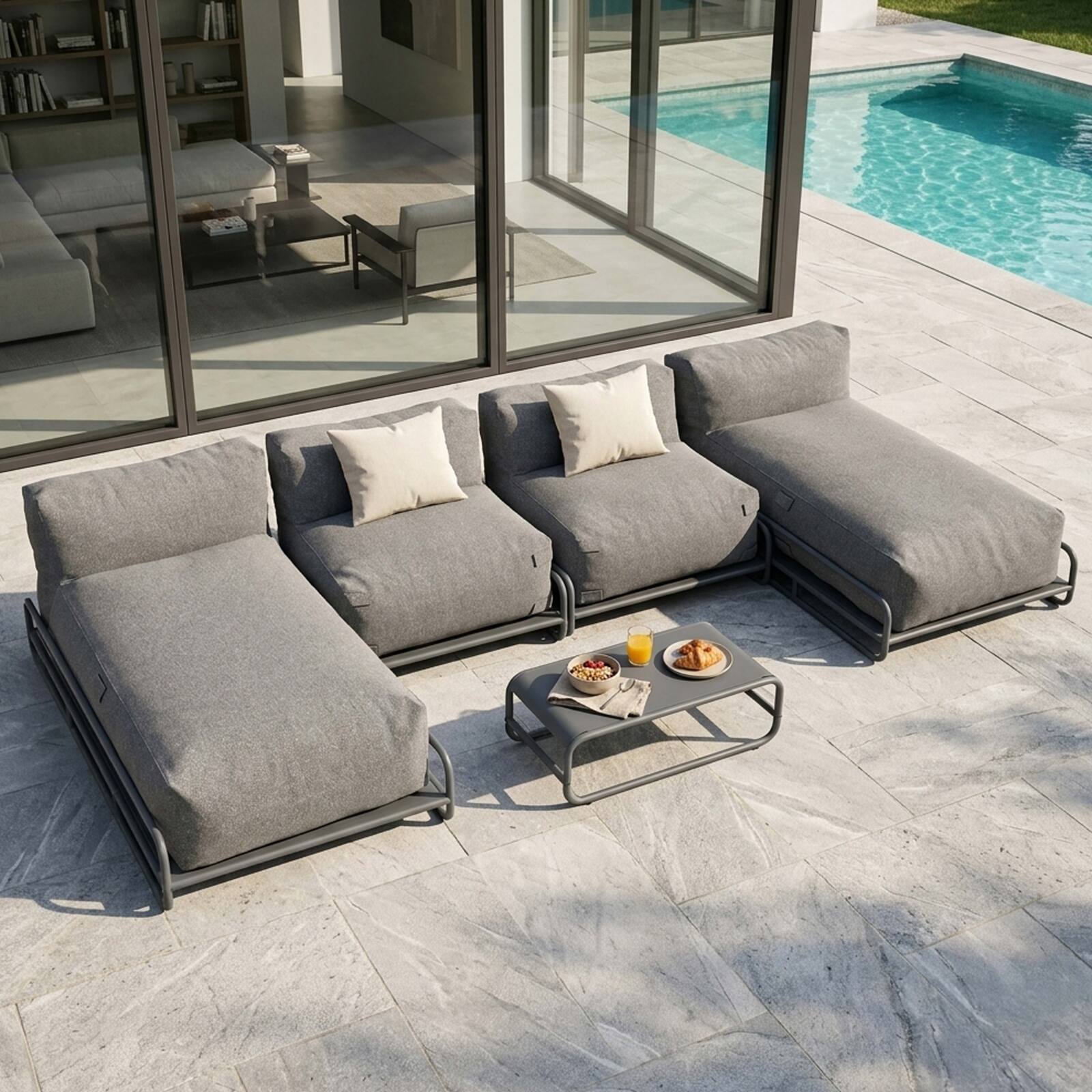 Sofá modular de exterior para 4 personas con estructura, 2 chaise longue, 2 sillones y mesa de centro