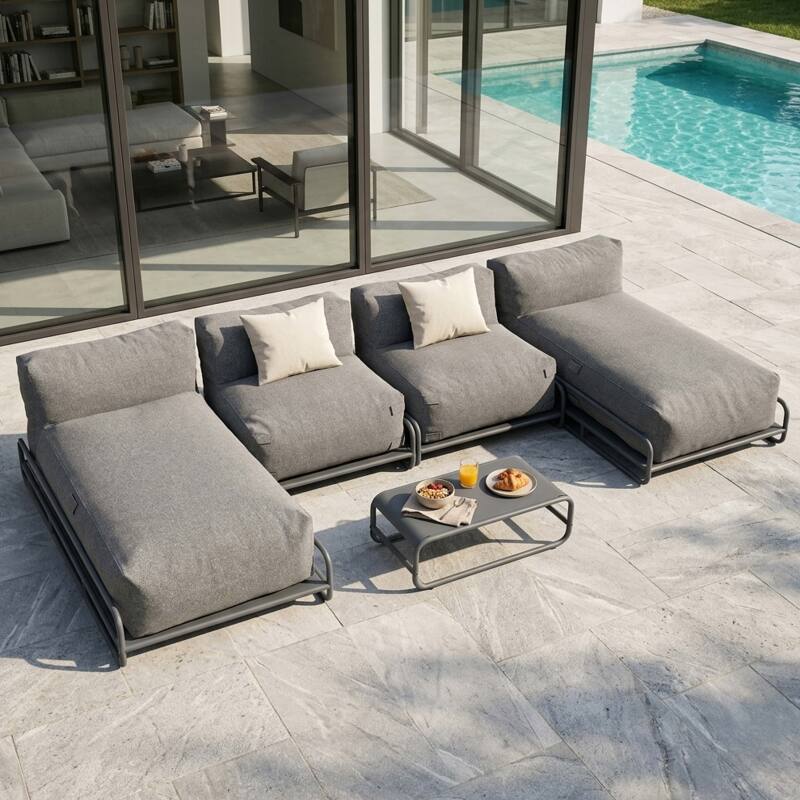 Sofá modular de exterior para 4 personas con estructura, 2 chaise longue, 2 sillones y mesa de centro