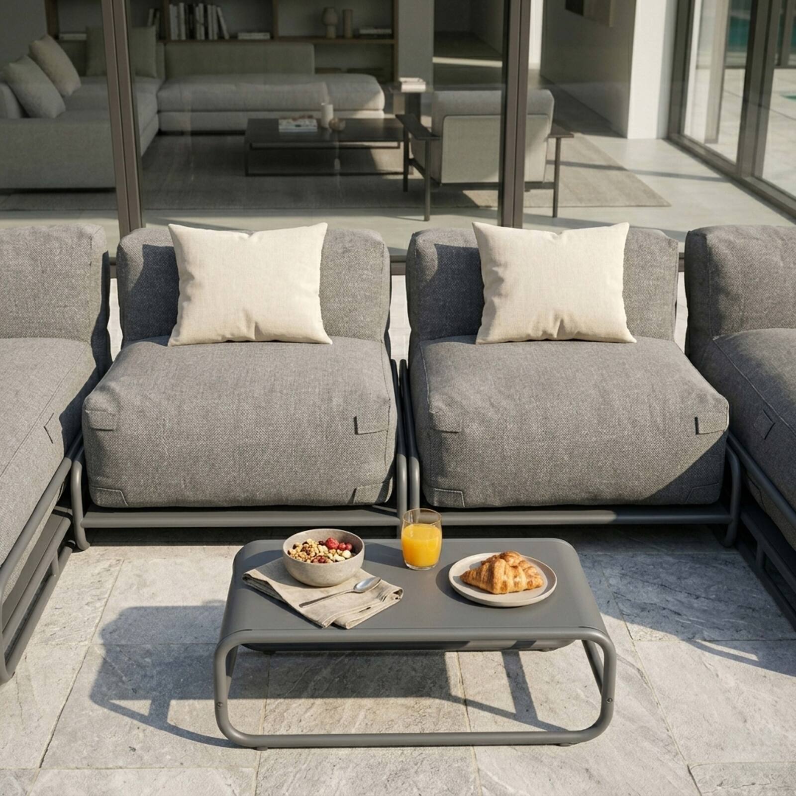 Sofá modular de exterior para 4 personas con estructura, 2 chaise longue, 2 sillones y mesa de centro