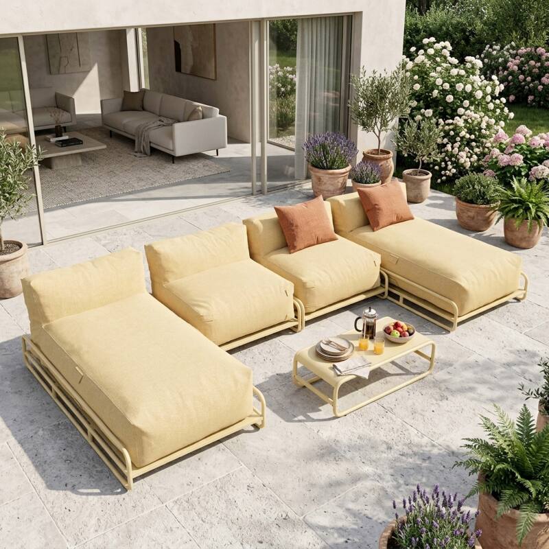 Sofá modular de exterior para 4 personas con estructura, 2 chaise longue, 2 sillones y mesa de centro