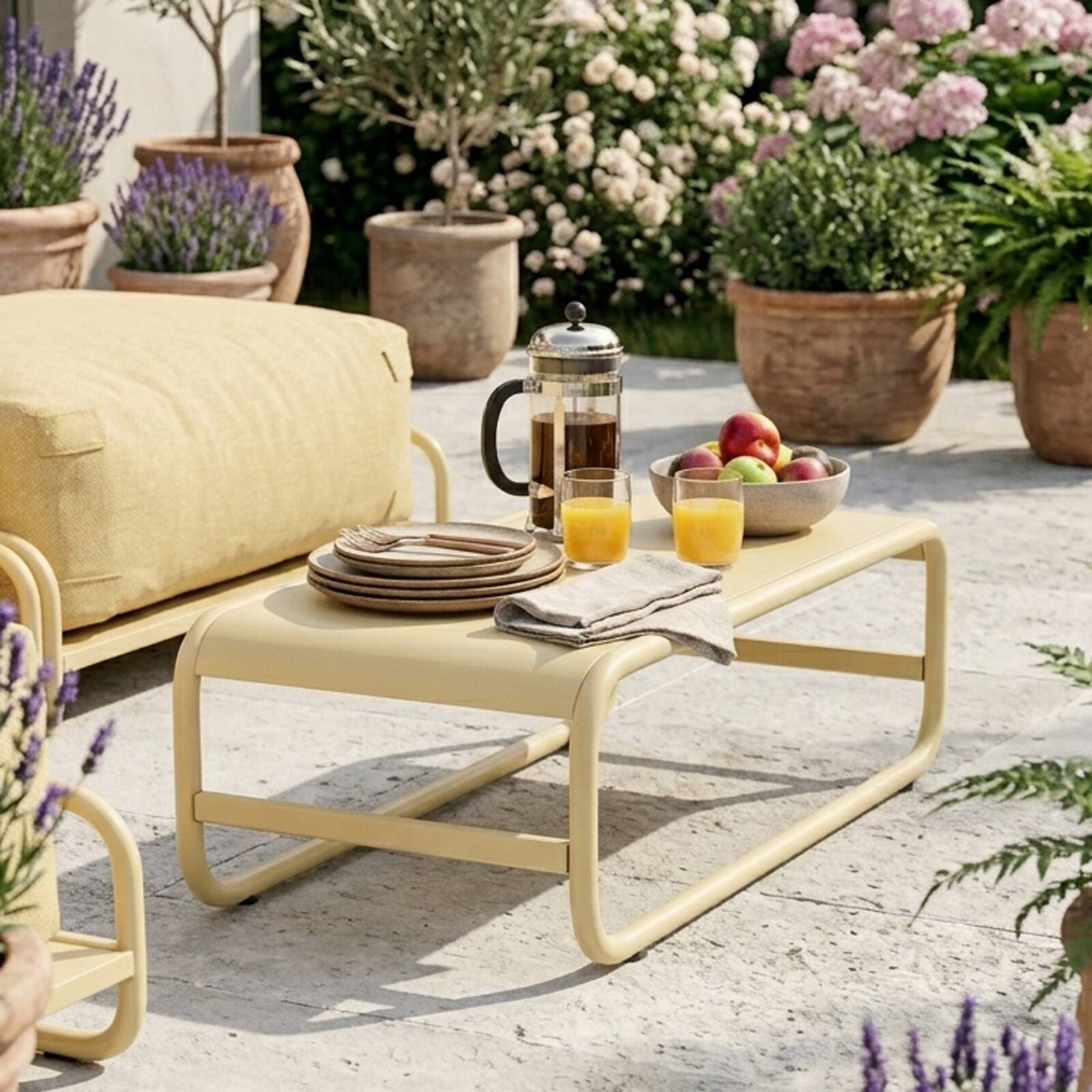 Sofá modular de exterior para 4 personas con estructura, 2 chaise longue, 2 sillones y mesa de centro