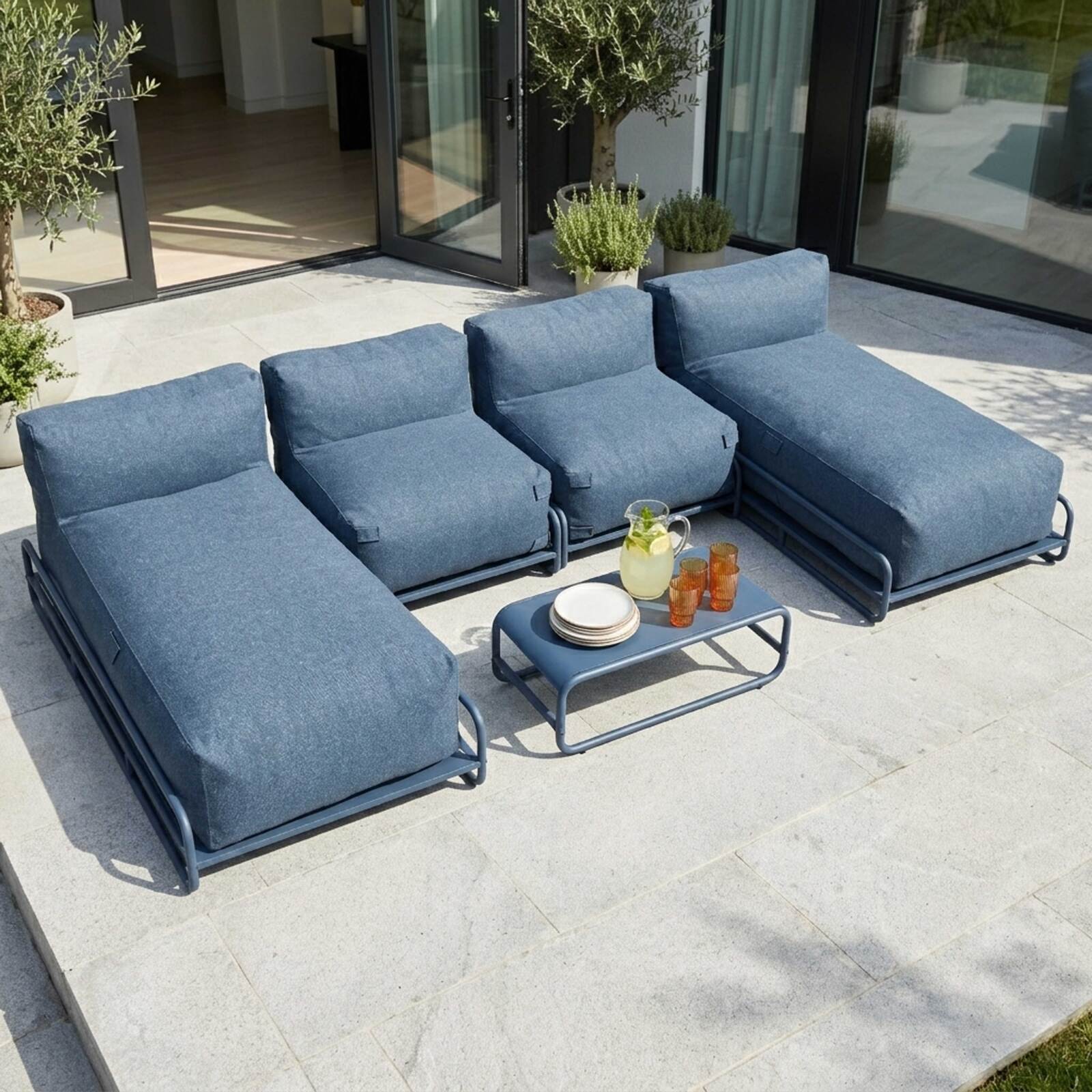 Sofá modular de exterior para 4 personas con estructura, 2 chaise longue, 2 sillones y mesa de centro