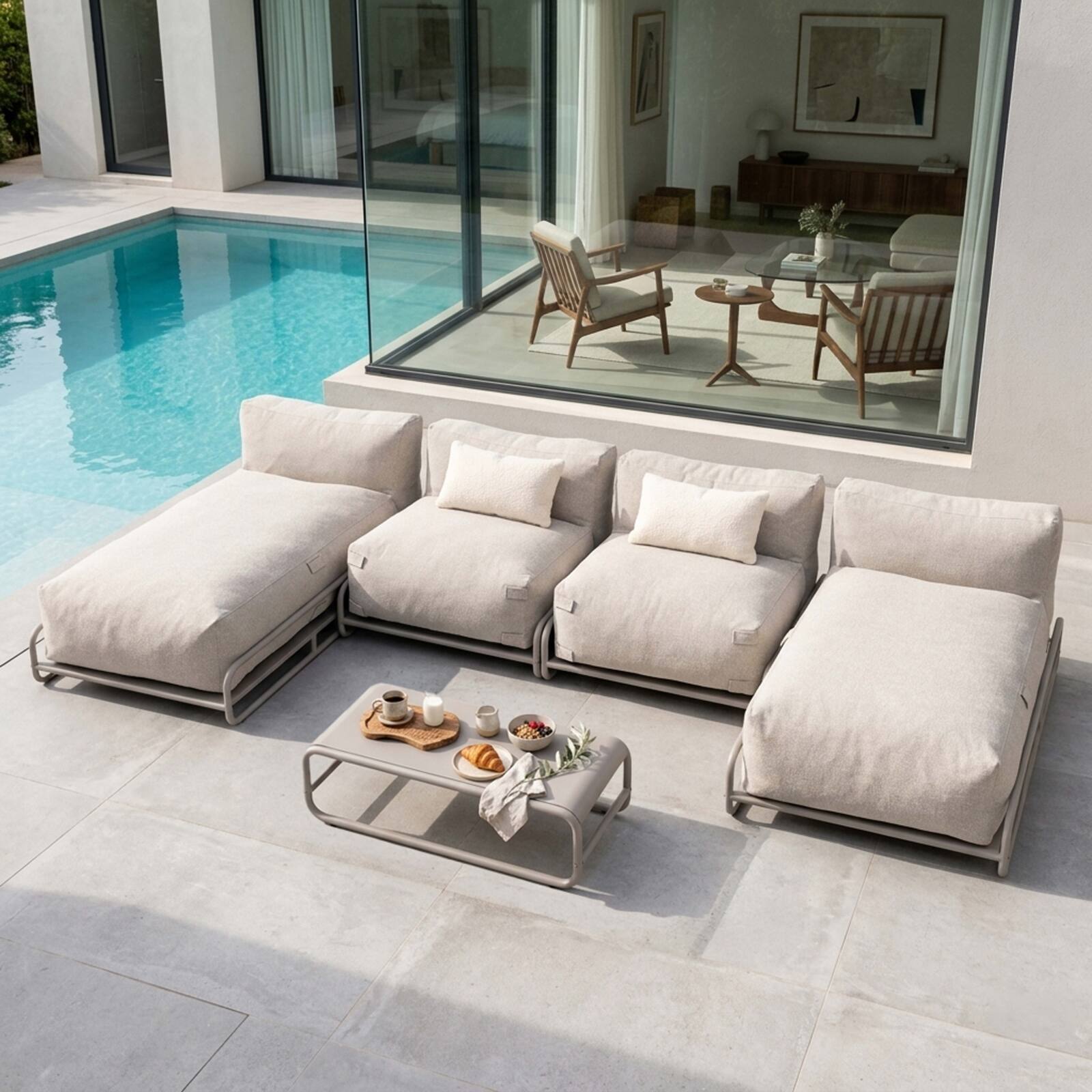 Sofá modular de exterior para 4 personas con estructura, 2 chaise longue, 2 sillones y mesa de centro