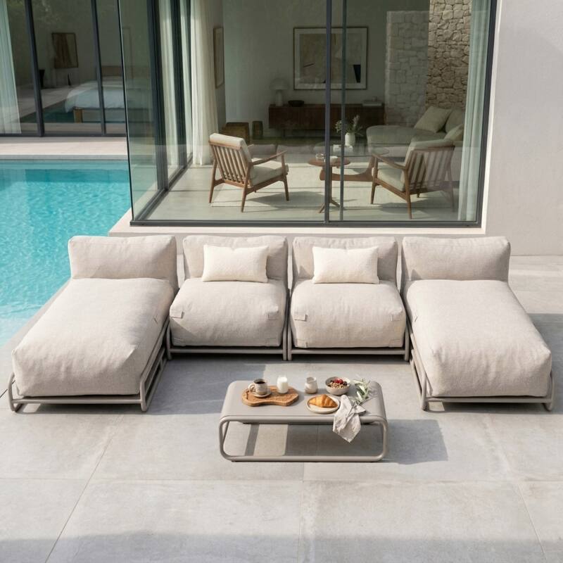 Sofá modular de exterior para 4 personas con estructura, 2 chaise longue, 2 sillones y mesa de centro (2/7)