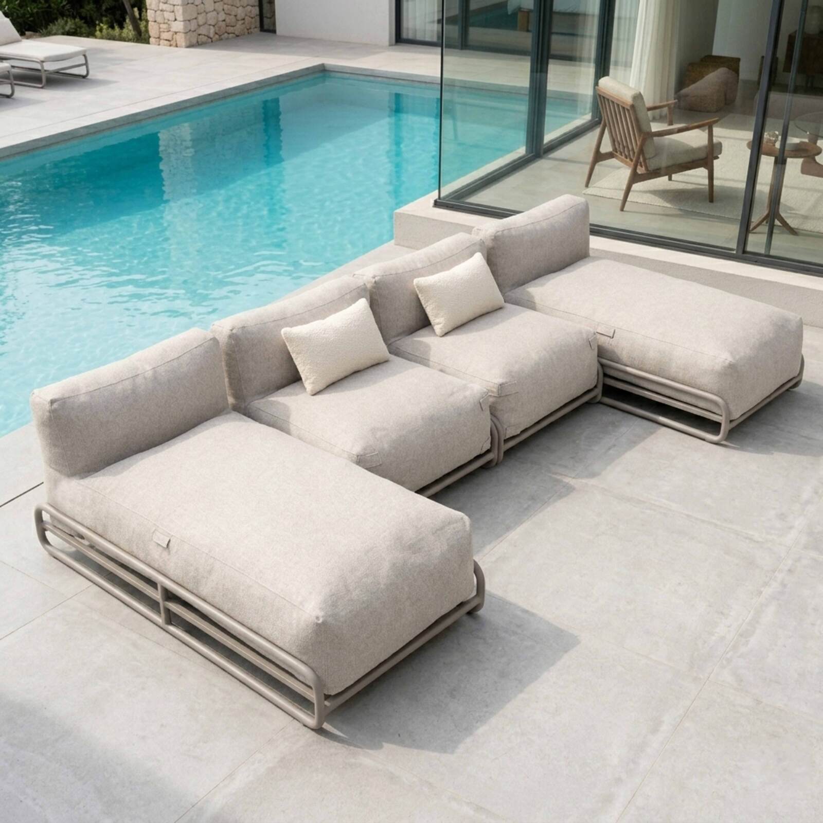 Sofá modular de exterior para 4 personas con estructura, 2 chaise longue, 2 sillones y mesa de centro