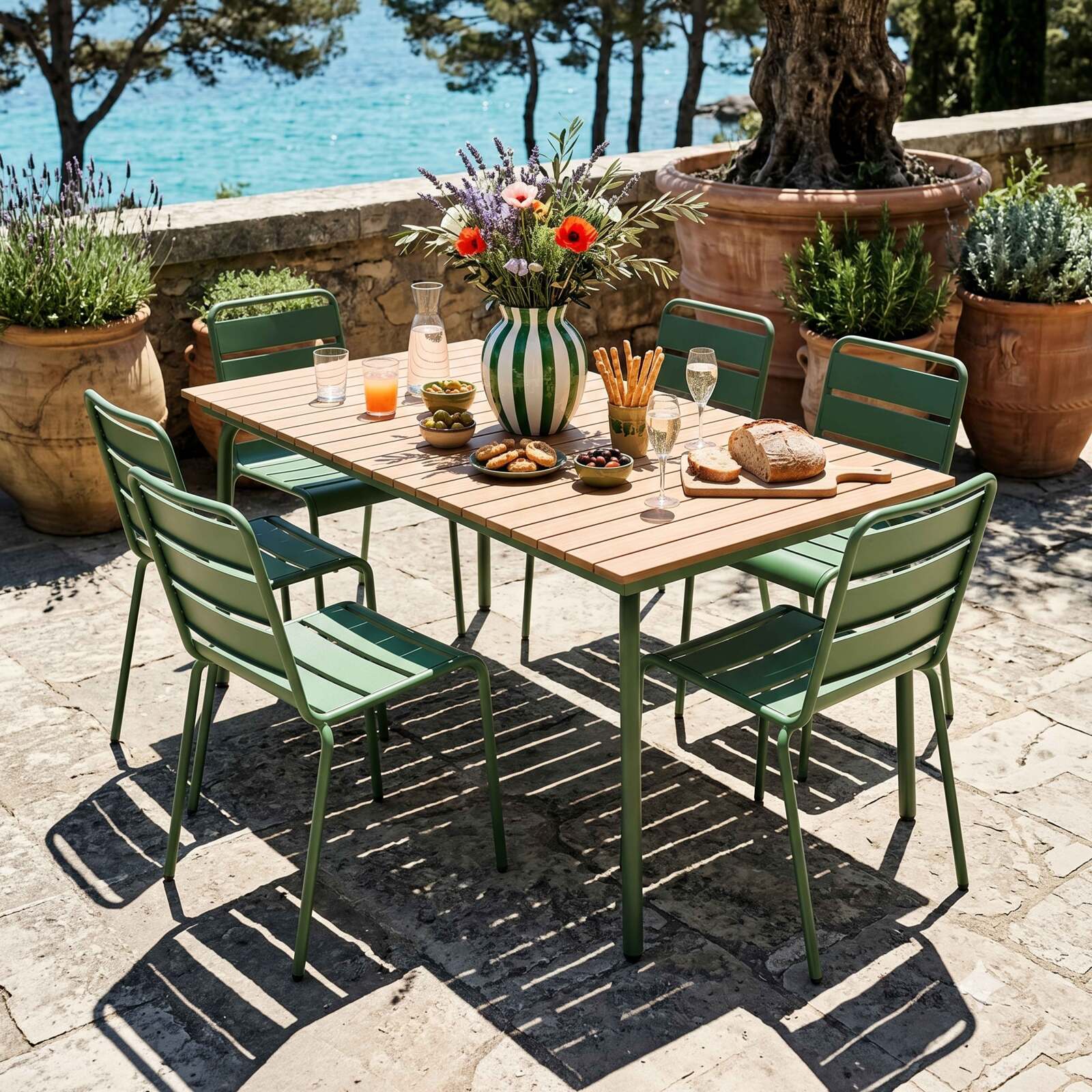 Mesa de jardín efecto madera de metal y polywood 6 personas 160x90 cm